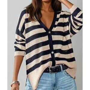 NEW URBAN DAIZY coastal muse striped knit cardigan in black/taupe